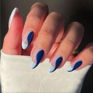Acrylic Medium Almond Tip French Manicure Blue Swirl Nails Professional
